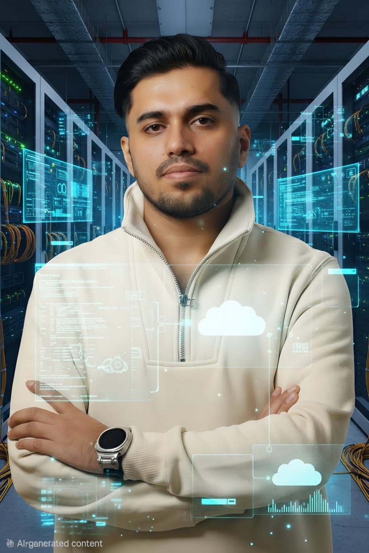 Portrait of Suleman Mushtaq in a data-center corridor